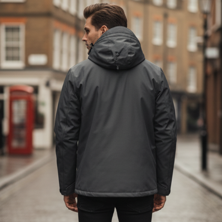Men's waterproof jacket with hood, featuring a sleek design, adjustable cuffs, and high collar for fall and spring wear.