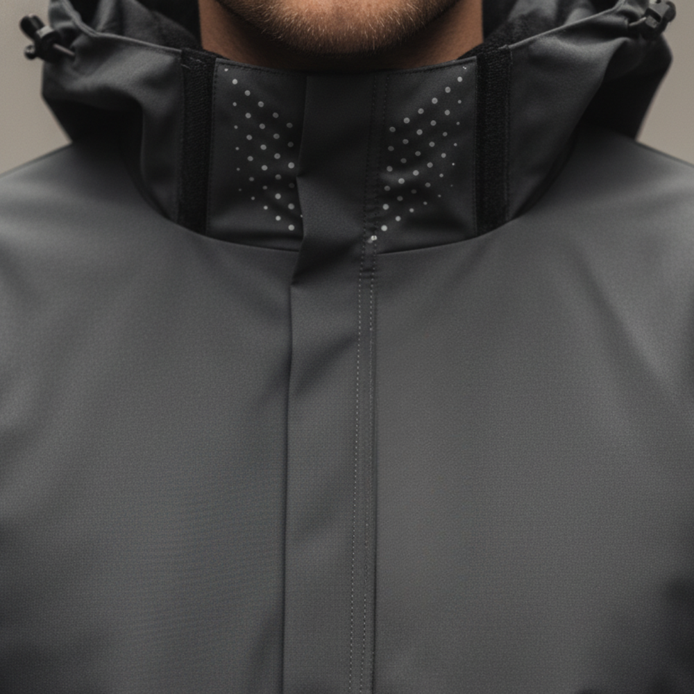 Men's waterproof jacket with hood, featuring a sleek design, adjustable cuffs, and high collar for fall and spring wear.