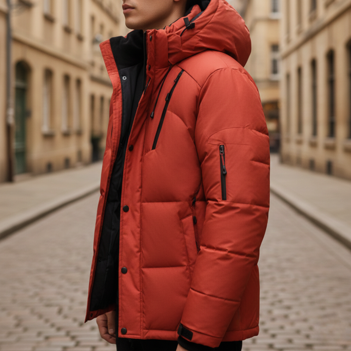 An orange insulated jacket with black accents, hooded, zip-front, ideal for urban and outdoor wear in fall and winter.