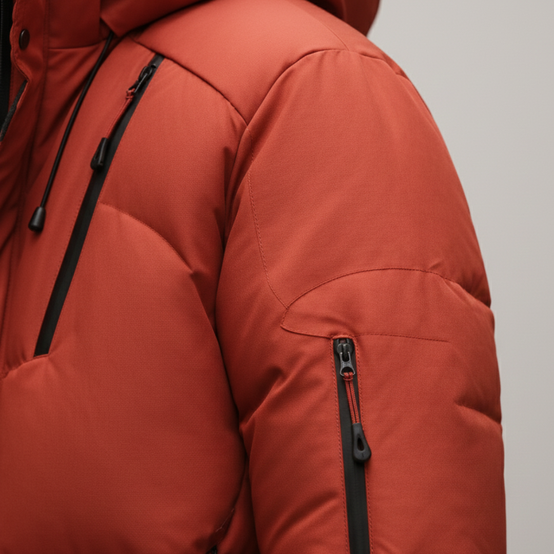An orange insulated jacket with black accents, hooded, zip-front, ideal for urban and outdoor wear in fall and winter.