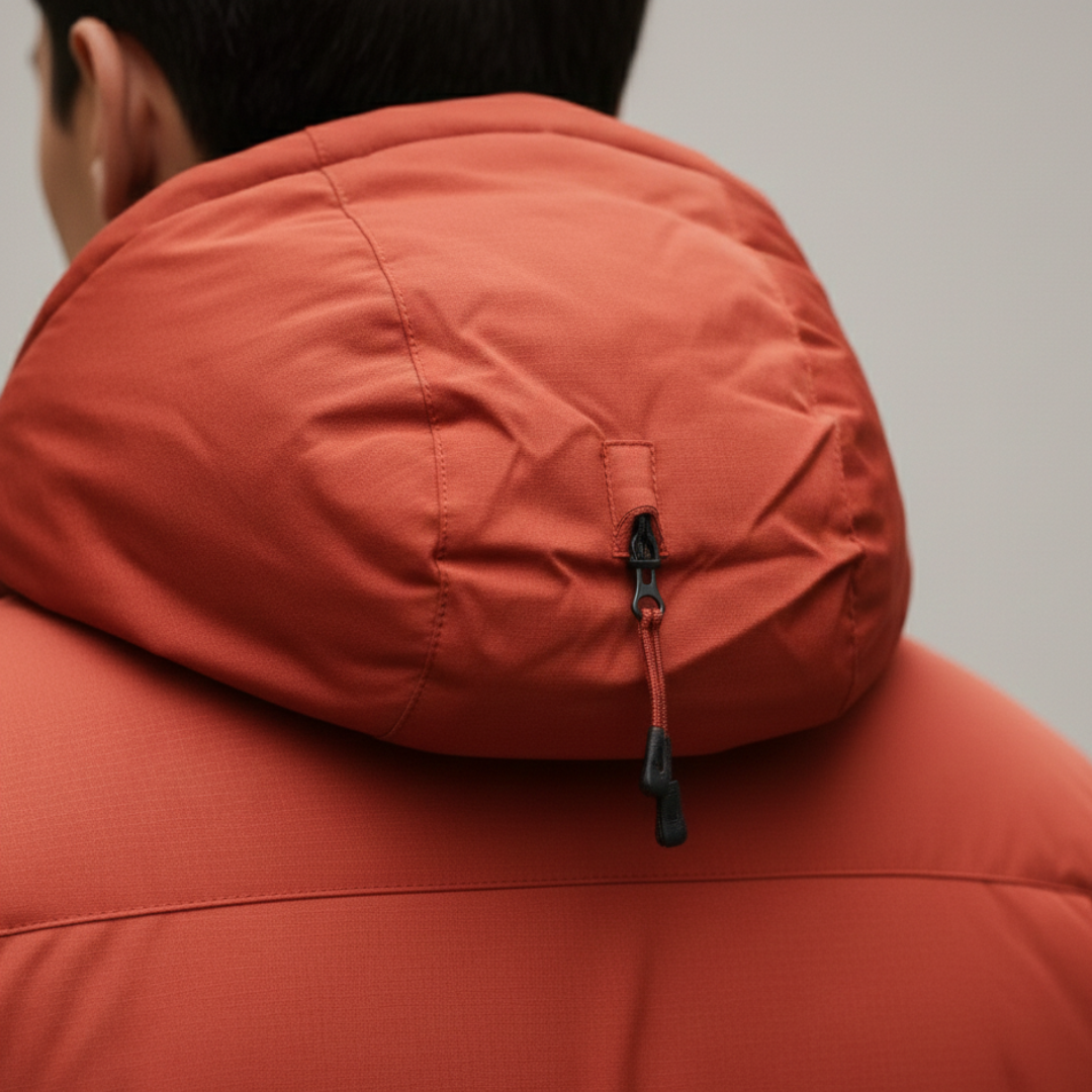 An orange insulated jacket with black accents, hooded, zip-front, ideal for urban and outdoor wear in fall and winter.