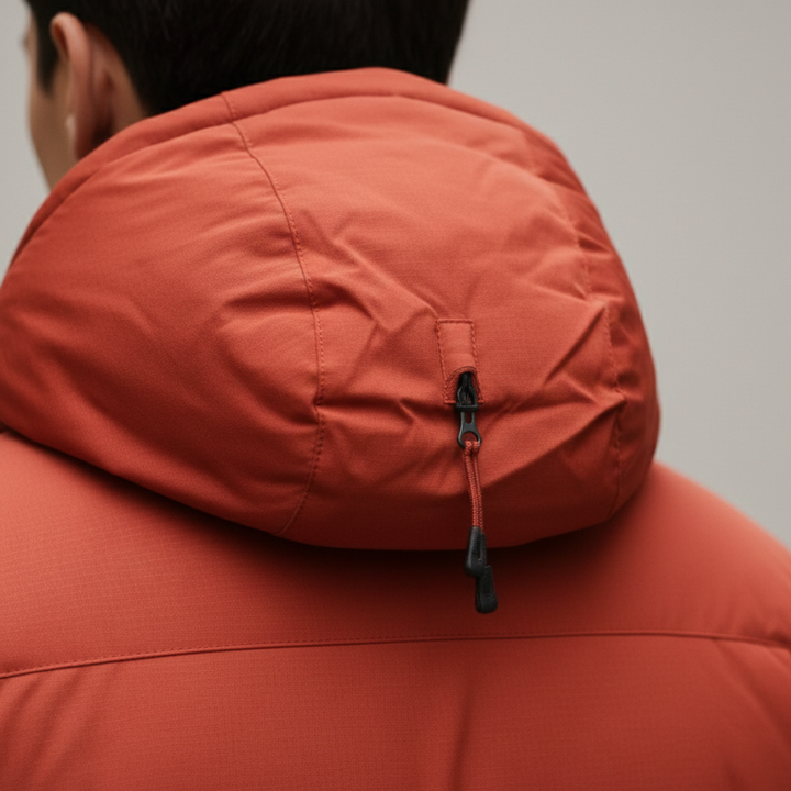An orange insulated jacket with black accents, hooded, zip-front, ideal for urban and outdoor wear in fall and winter.