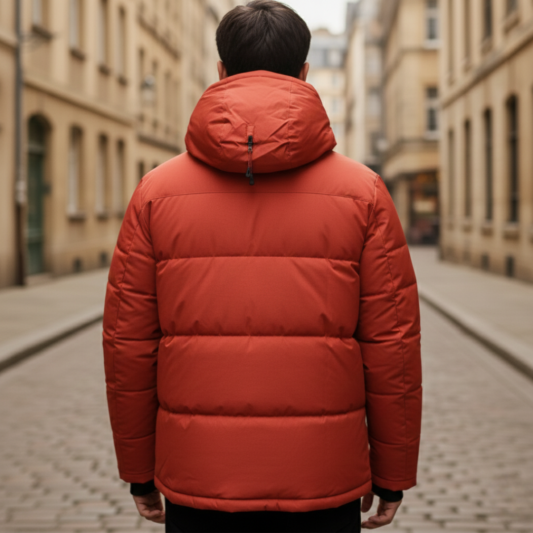 An orange insulated jacket with black accents, hooded, zip-front, ideal for urban and outdoor wear in fall and winter.