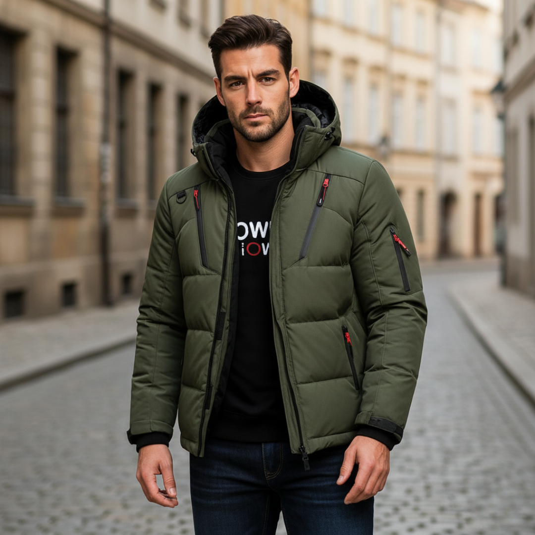 A green insulated jacket with black accents, hooded, zip-front, ideal for urban and outdoor wear in fall and winter.