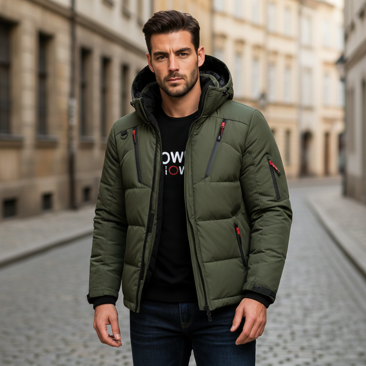 A green insulated jacket with black accents, hooded, zip-front, ideal for urban and outdoor wear in fall and winter.