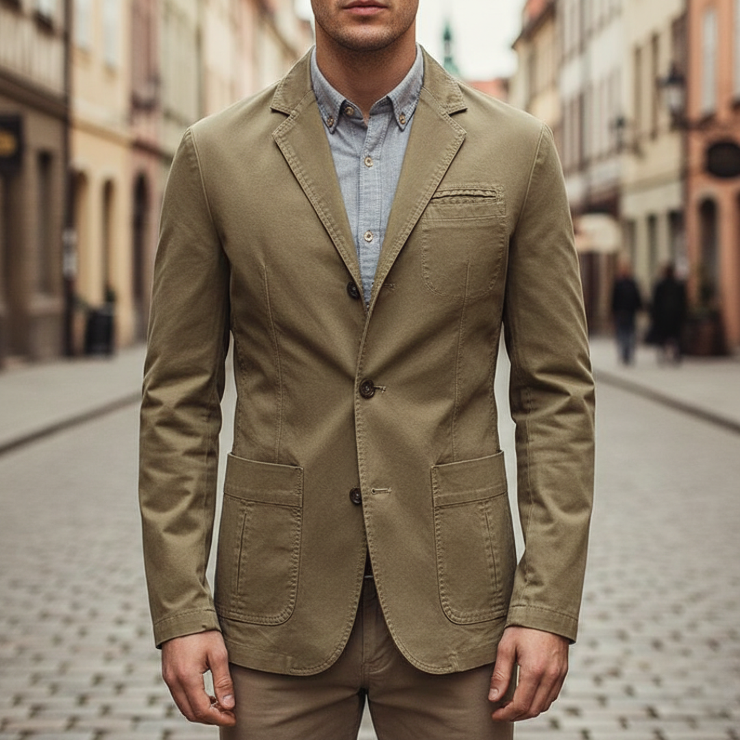 Khaki men's jacket featuring a tailored fit, notched lapels, and long sleeves, ideal for fall and spring wear.