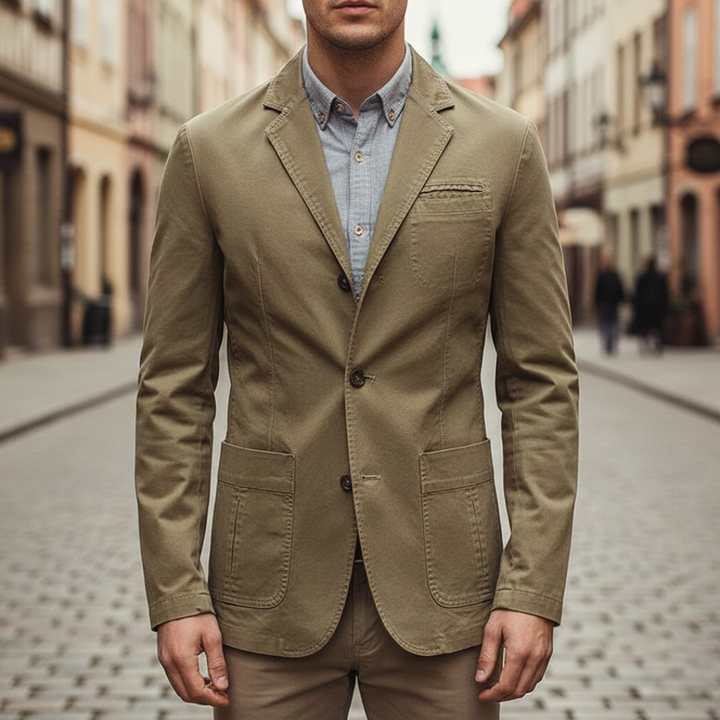 Khaki men's jacket featuring a tailored fit, notched lapels, and long sleeves, ideal for fall and spring wear.