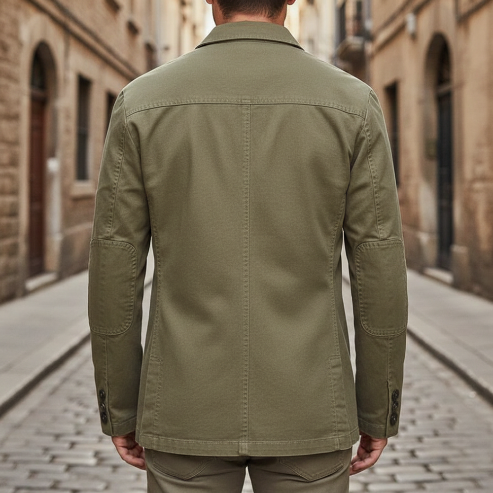 Khaki men's jacket featuring a tailored fit, notched lapels, and long sleeves, ideal for fall and spring wear.