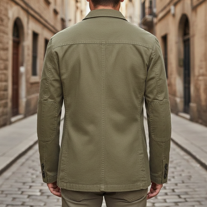 Khaki men's jacket featuring a tailored fit, notched lapels, and long sleeves, ideal for fall and spring wear.