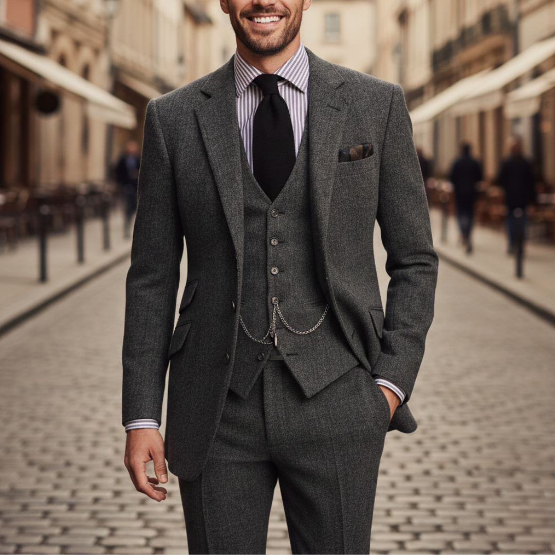 A man in a tailored three-piece suit stands confidently on a cobblestone street, showcasing elegance and style
