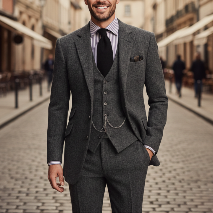 A man in a tailored three-piece suit stands confidently on a cobblestone street, showcasing elegance and style