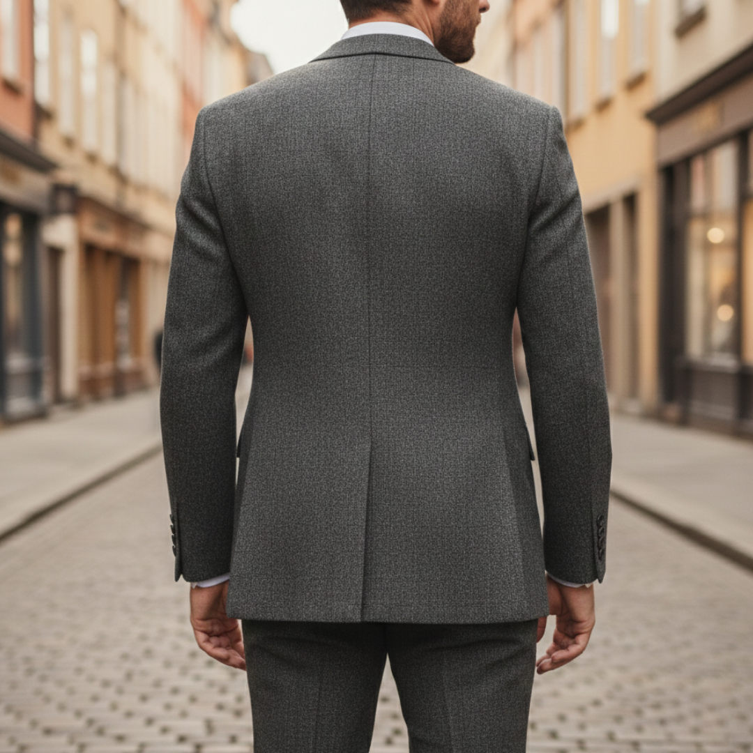 Back details of the tailored three-piece suit stands confidently on a cobblestone street, showcasing elegance and style