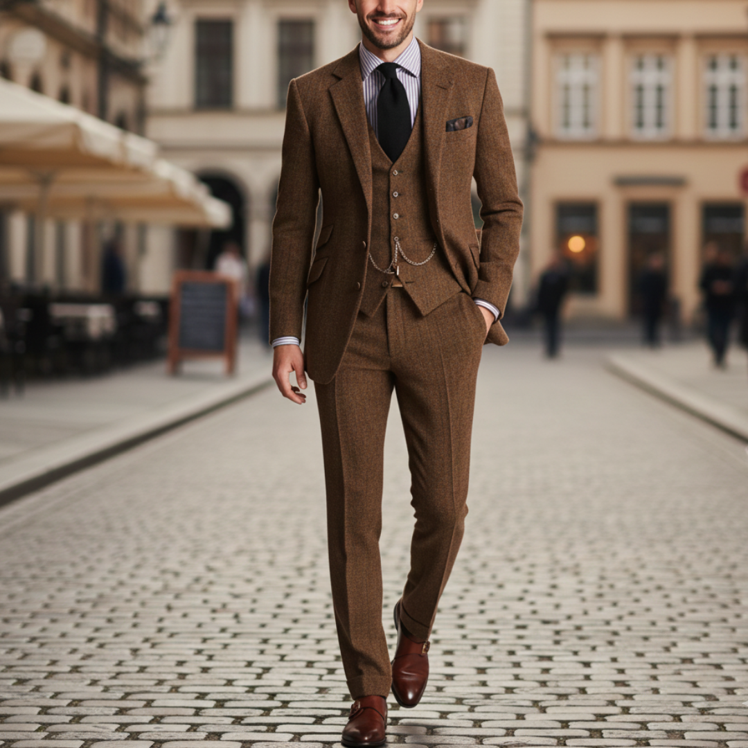 A man in a tailored three-piece suit stands confidently on a cobblestone street, showcasing elegance and style
