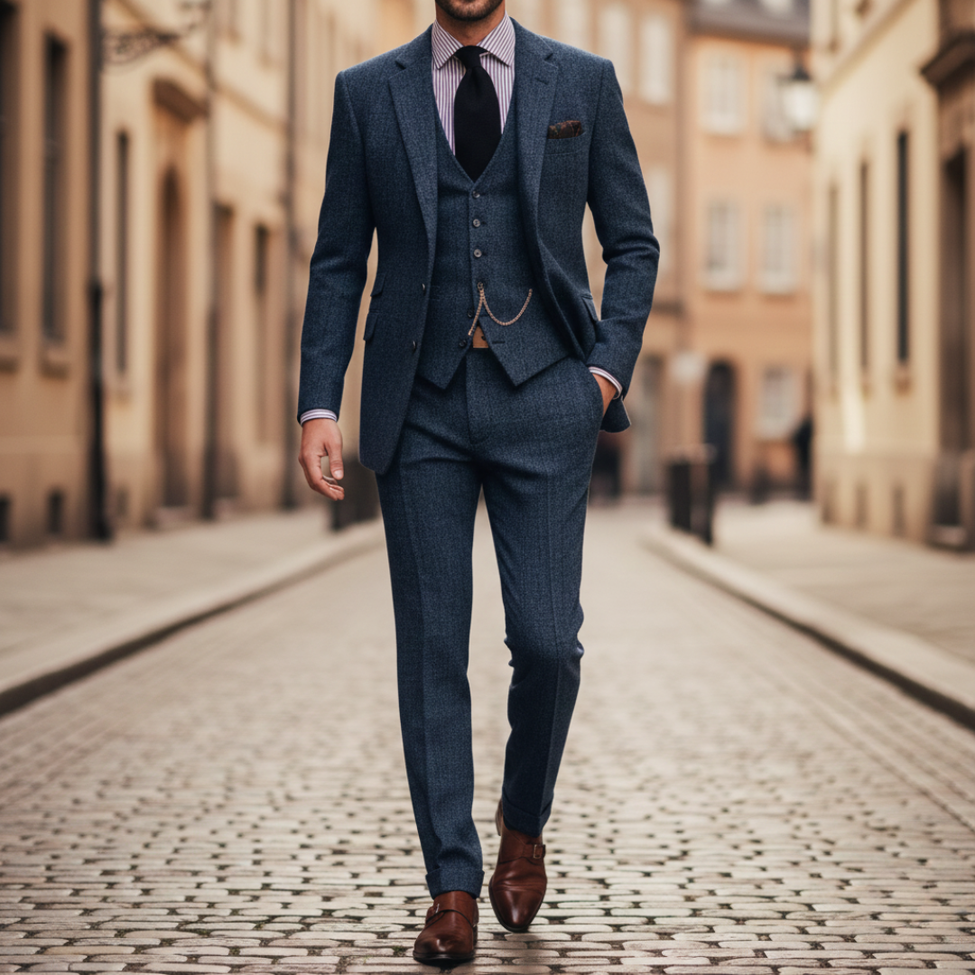 A man in a tailored three-piece suit stands confidently on a cobblestone street, showcasing elegance and style