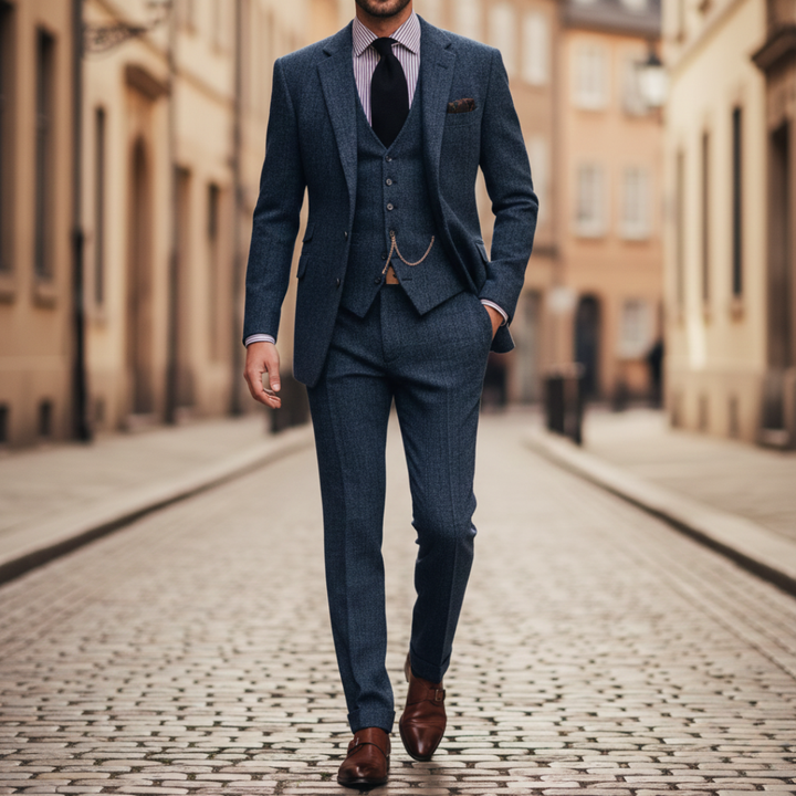 A man in a tailored three-piece suit stands confidently on a cobblestone street, showcasing elegance and style