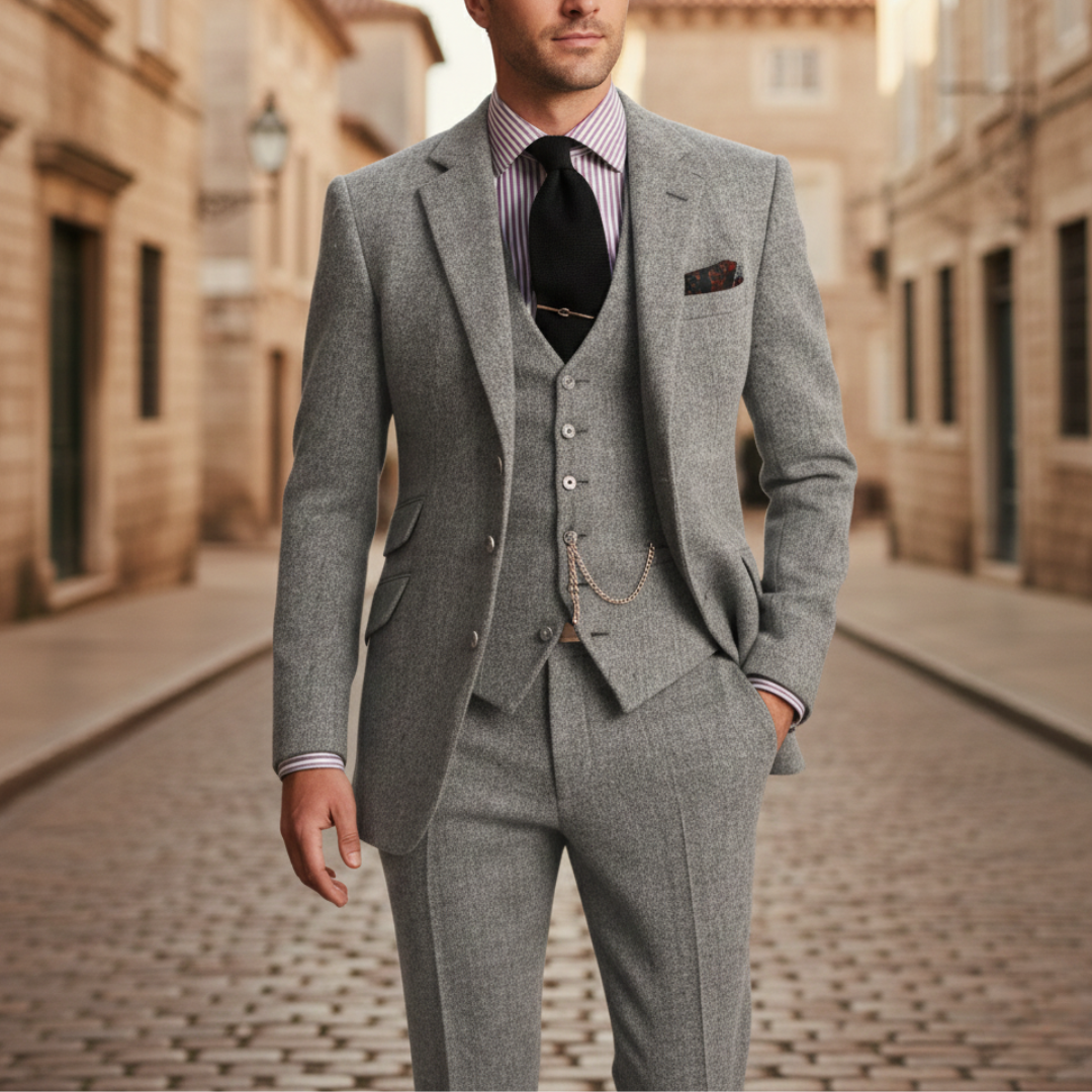 A man in a tailored three-piece suit stands confidently on a cobblestone street, showcasing elegance and style