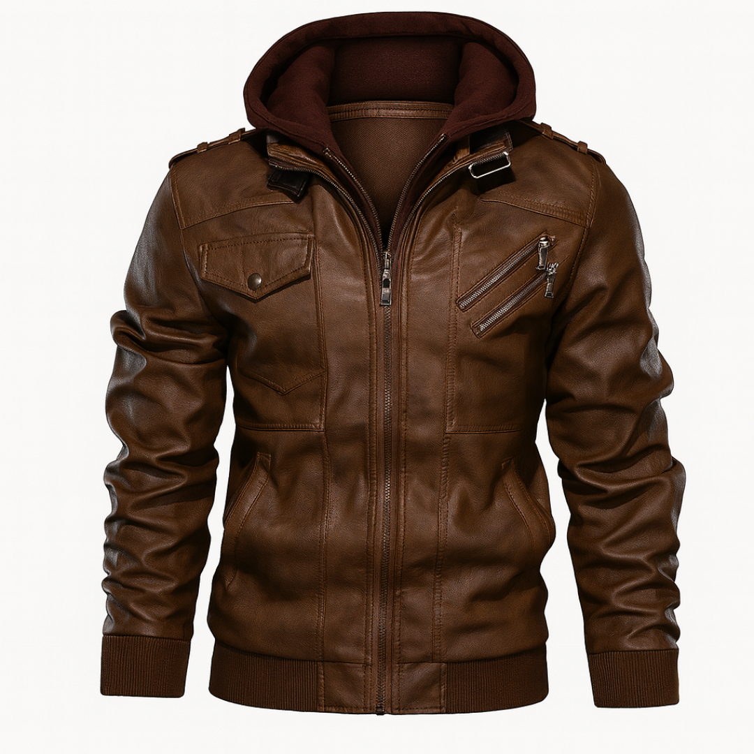 Stylish men's leather hoodie jacket with a zip front, long sleeves, and a soft lining, ideal for cool-weather outings.