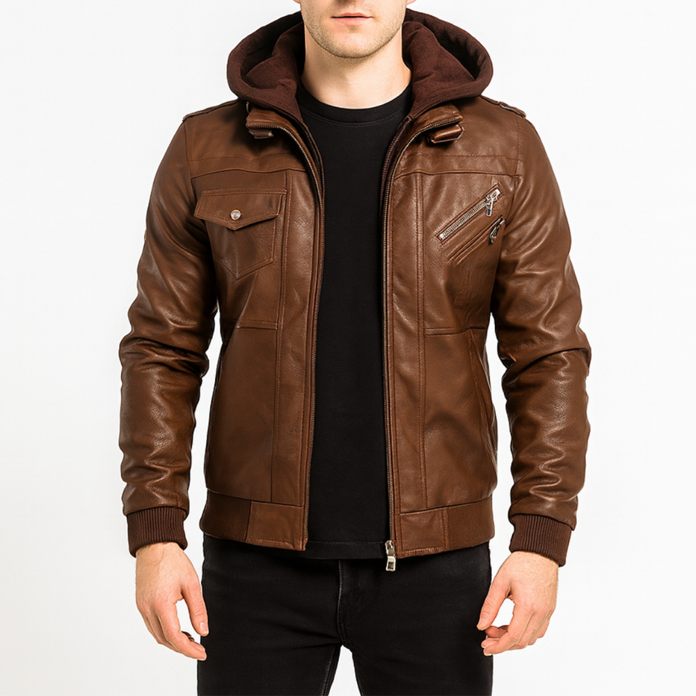 Stylish men's leather hoodie jacket with a zip front, long sleeves, and a soft lining, ideal for cool-weather outings.