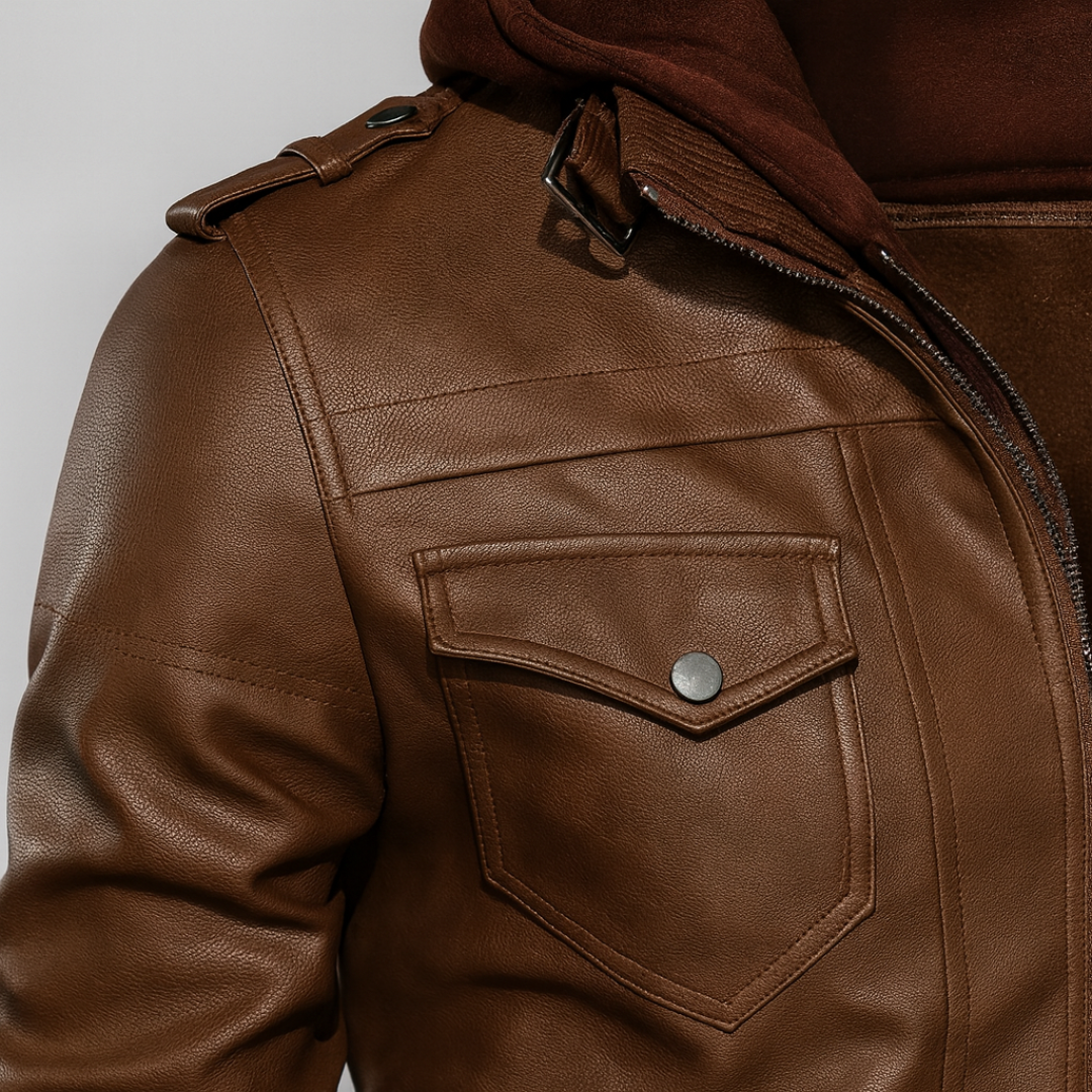 Stylish men's leather hoodie jacket with a zip front, long sleeves, and a soft lining, ideal for cool-weather outings.