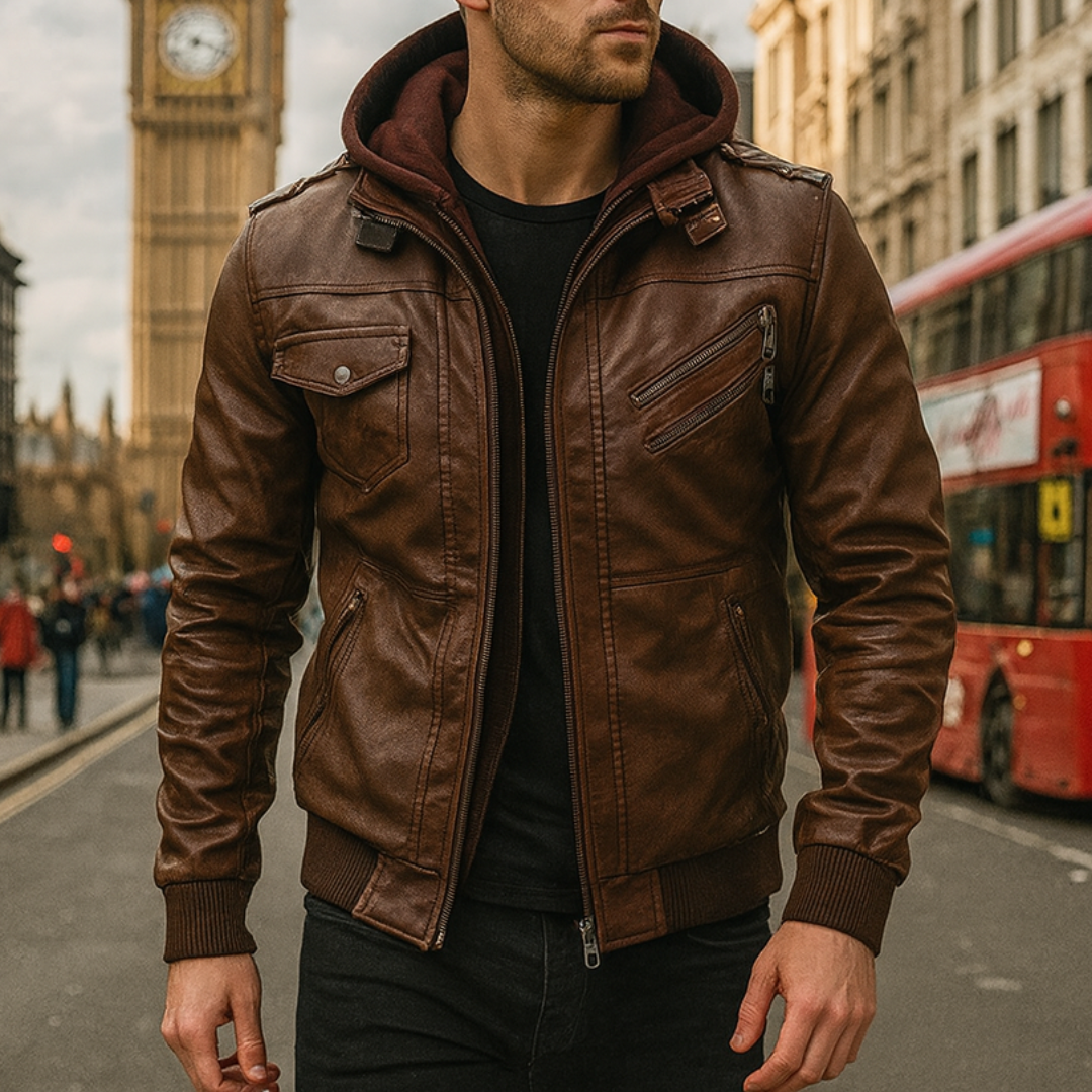 Stylish men's leather hoodie jacket with a zip front, long sleeves, and a soft lining, ideal for cool-weather outings.