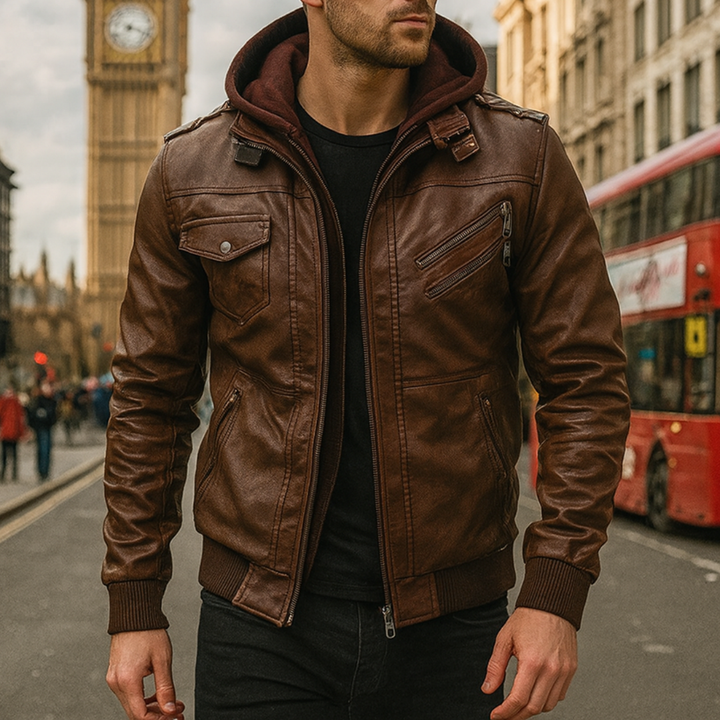 Stylish men's leather hoodie jacket with a zip front, long sleeves, and a soft lining, ideal for cool-weather outings.
