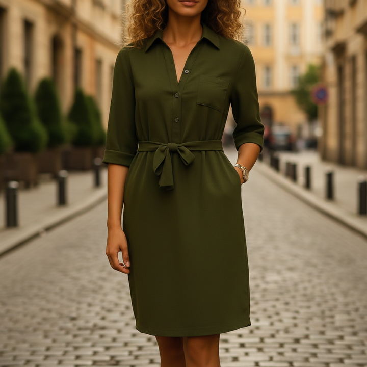 A woman in an olive green belted dress stands on a cobblestone street, showcasing a modern and polished look.