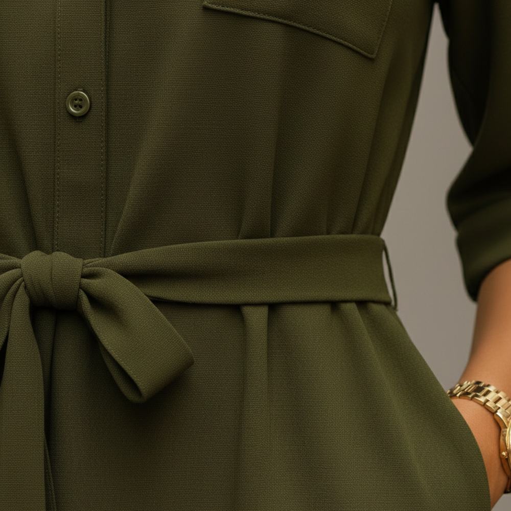  an olive green belted dress stands on a cobblestone street, showcasing a modern and polished look.