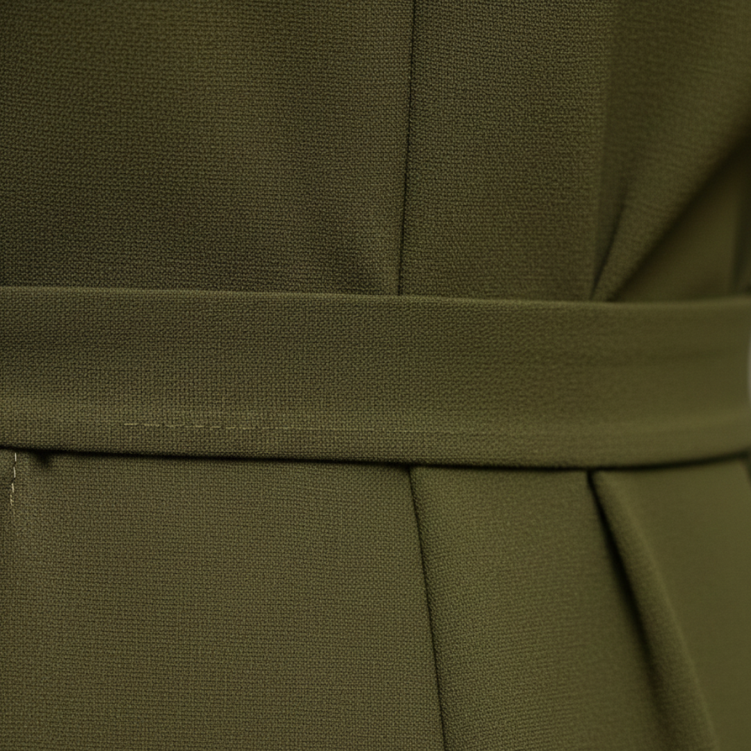 an olive green belted dress stands on a cobblestone street, showcasing a modern and polished look.