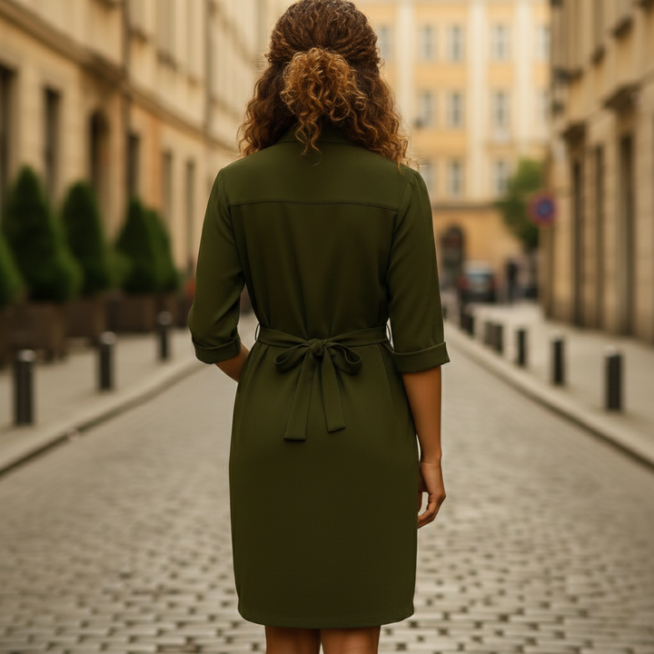 A woman in an olive green belted dress stands on a cobblestone street, showcasing a modern and polished look.