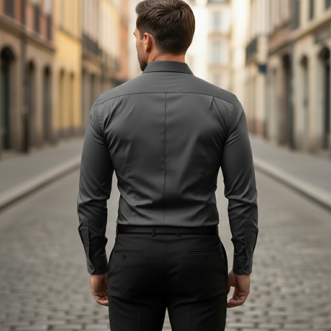 A man wearing a grey button-up shirt and black pants, showcasing a sleek and modern silhouette.