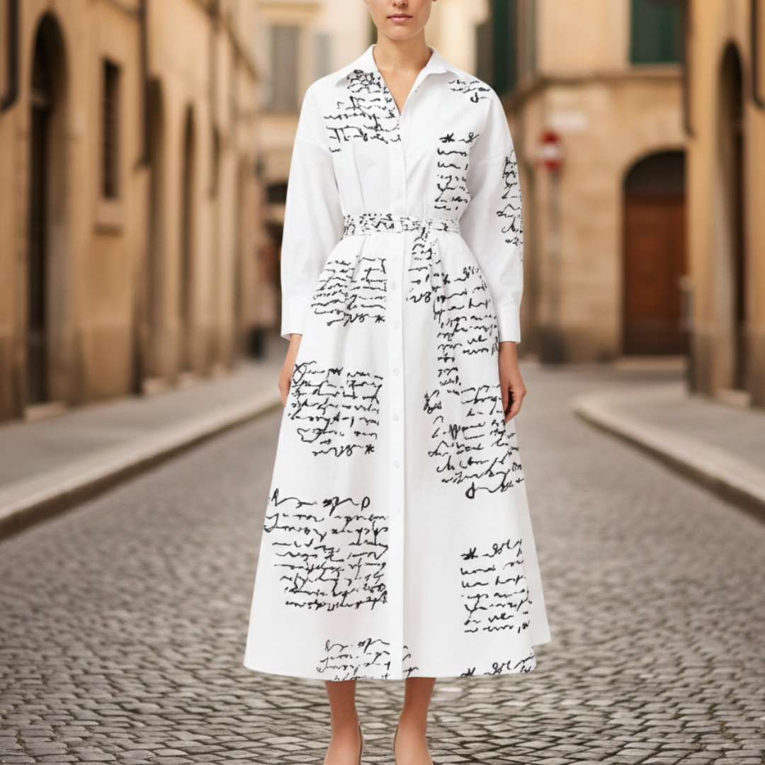 White midi shirt dress featuring elegant handwritten script, designed for a flattering fit and graceful movement in fall and spring.