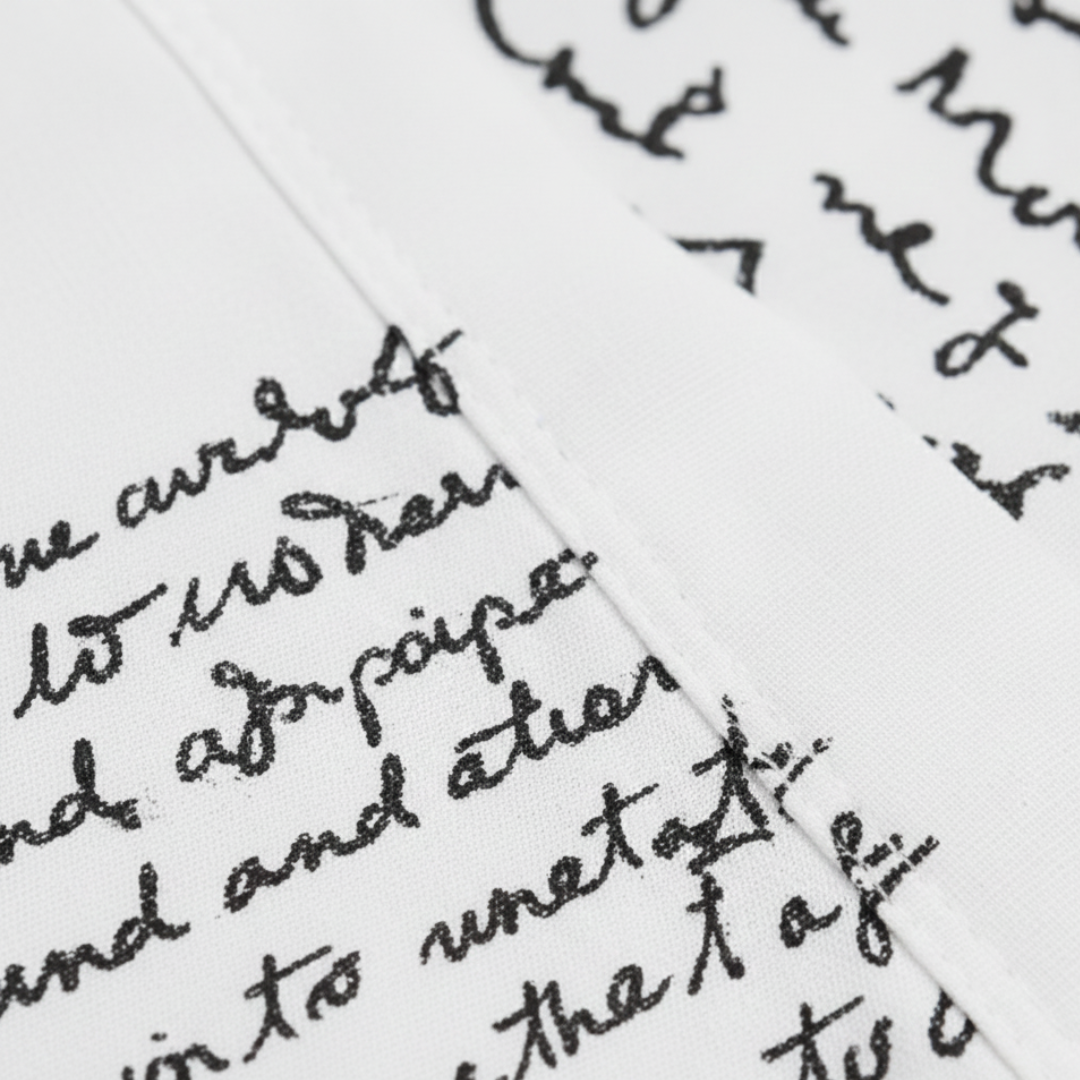 White midi shirt dress featuring elegant handwritten script, designed for a flattering fit and graceful movement in fall and spring.