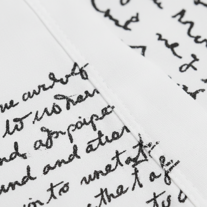 White midi shirt dress featuring elegant handwritten script, designed for a flattering fit and graceful movement in fall and spring.