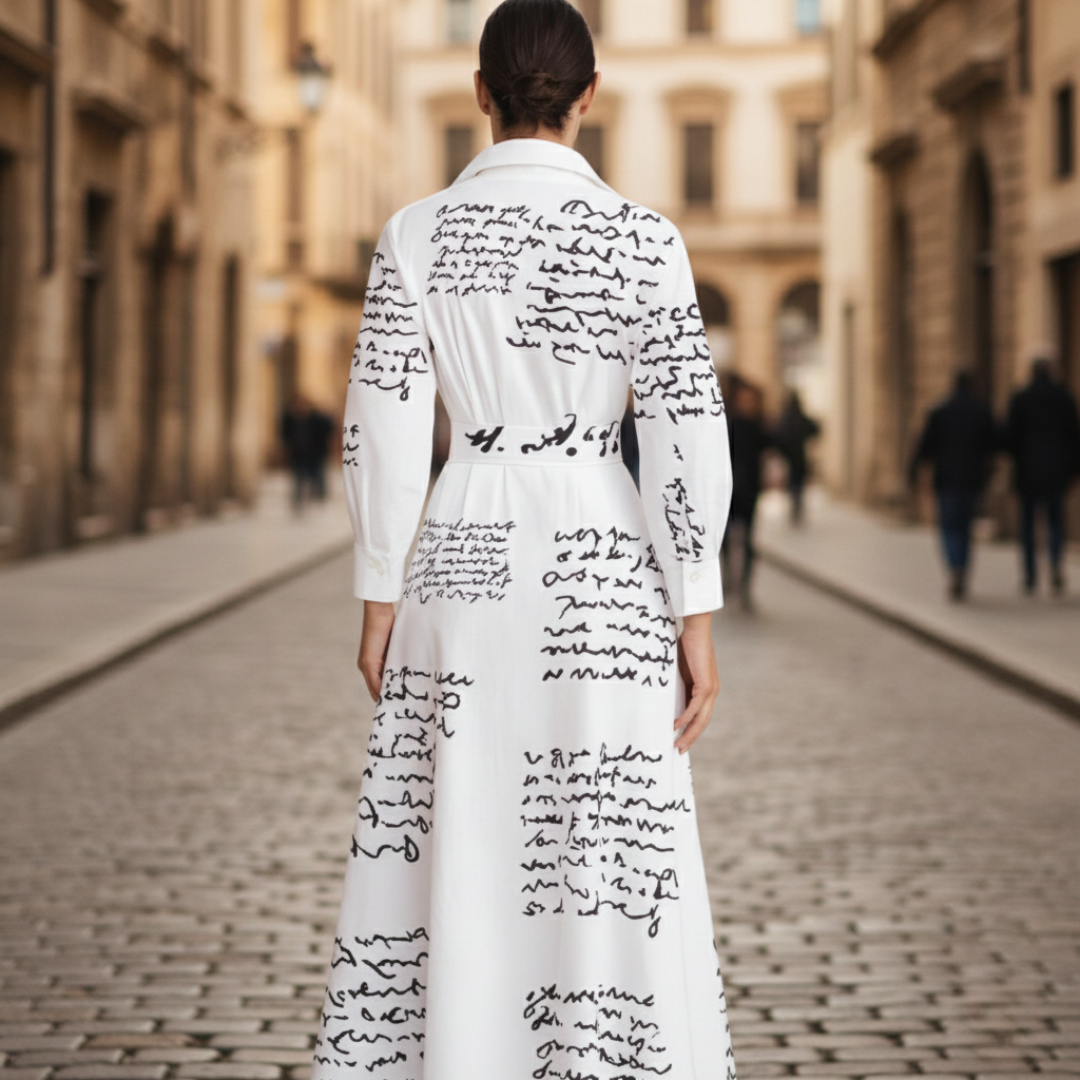 White midi shirt dress featuring elegant handwritten script, designed for a flattering fit and graceful movement in fall and spring.