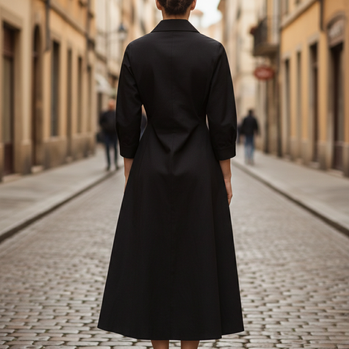 White midi shirt dress, designed for a flattering fit and graceful movement in fall and spring.