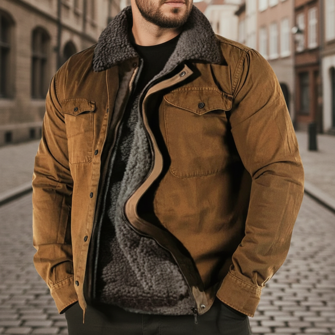 Men's utility jacket with a fur collar, featuring a button front, functional pockets, and a soft sherpa lining for warmth.