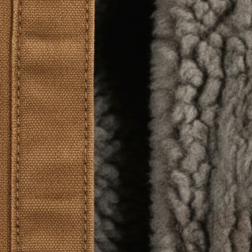 Men's utility jacket with a fur collar, featuring a button front, functional pockets, and a soft sherpa lining for warmth.