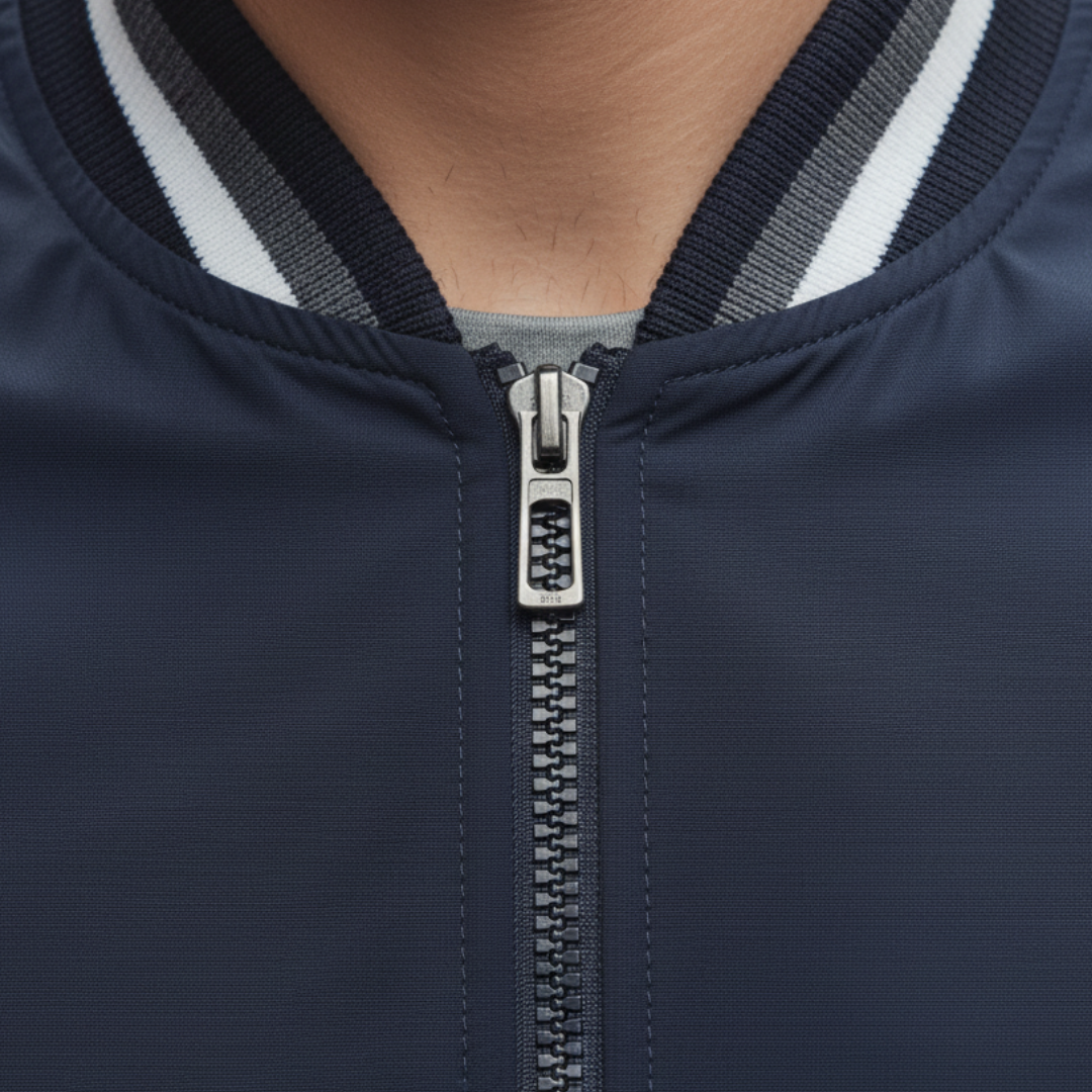 Close-up of the zipper on a navy bomber jacket, showcasing its sleek design and modern athletic style.