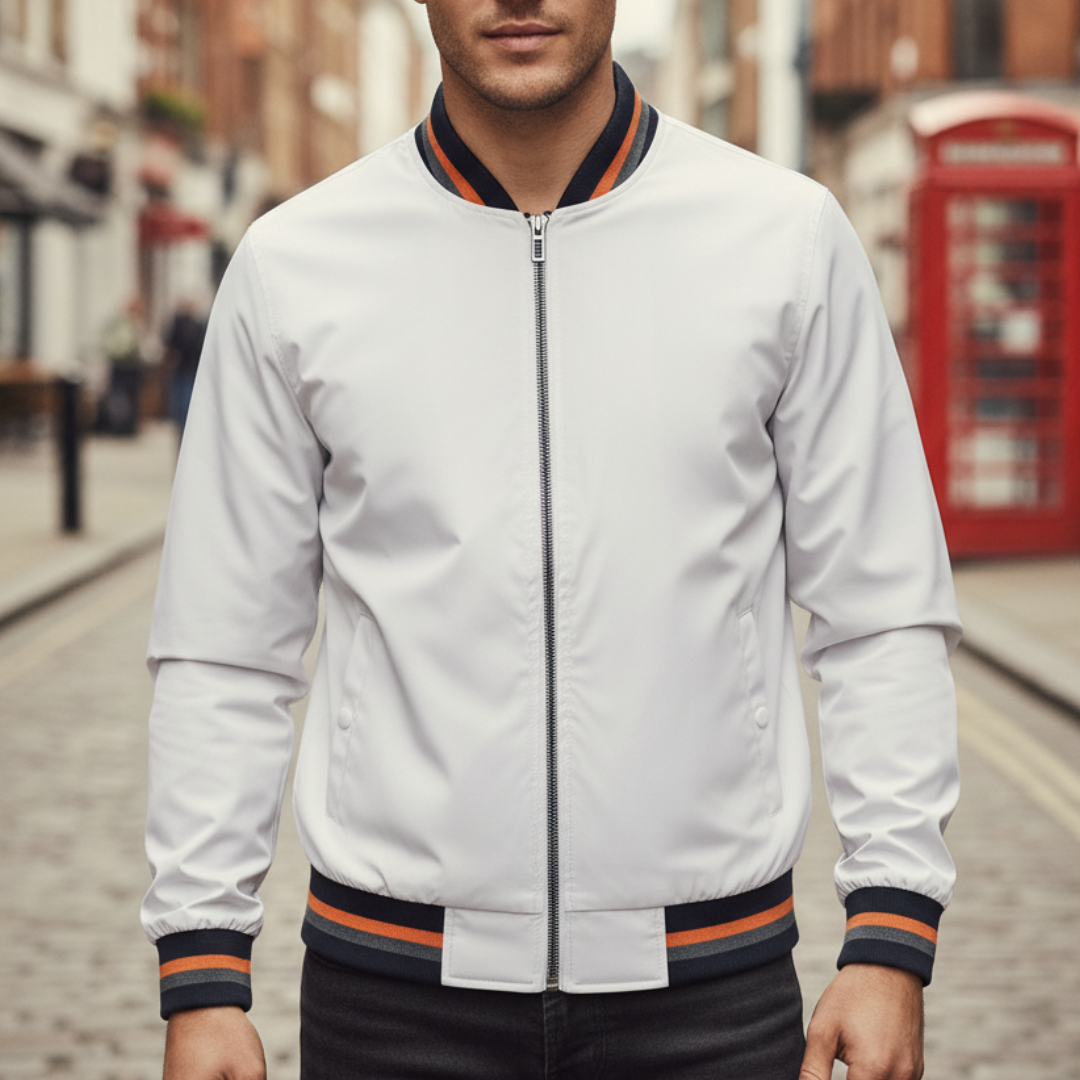 Lightweight white men's jacket with striped sleeves and collar, blending classic athletic style with contemporary fashion.
