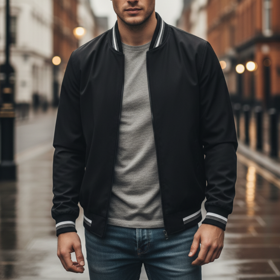Lightweight black men's jacket with striped sleeves and collar, blending classic athletic style with contemporary fashion.
