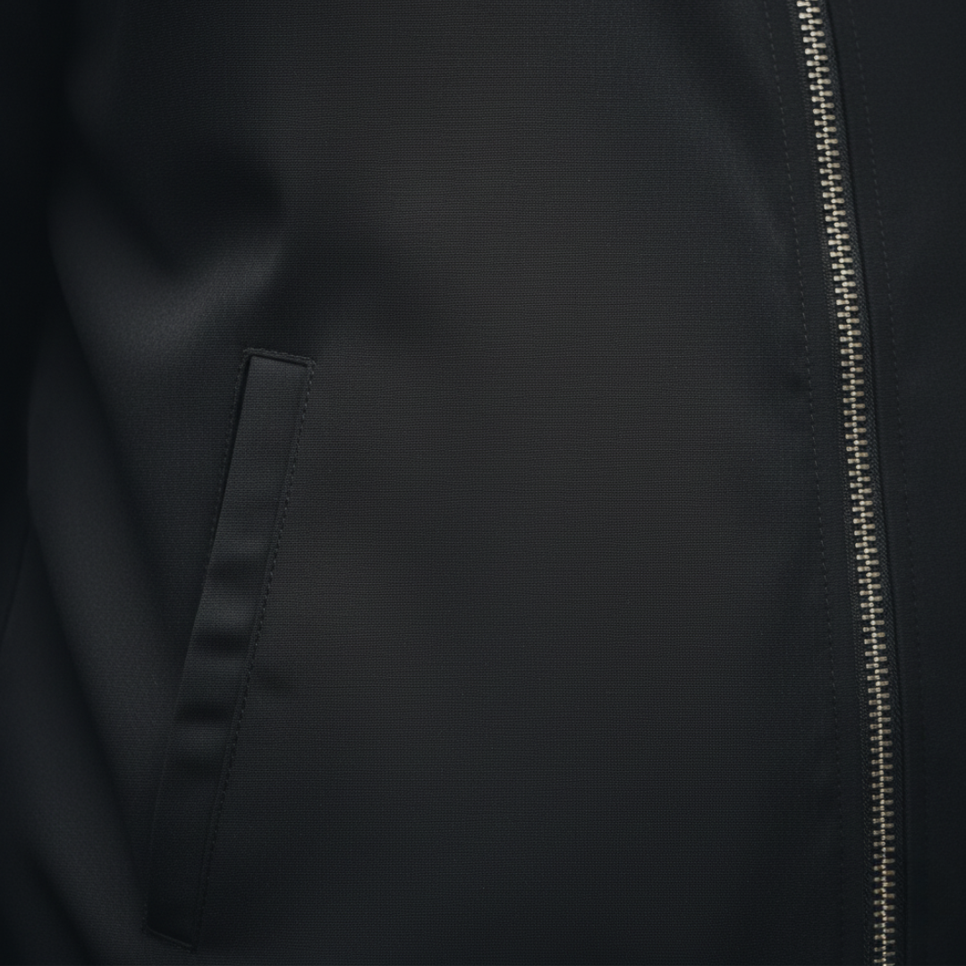  Close-up of a black varsity jacket featuring zippers and striped trims, showcasing a sleek and modern design.