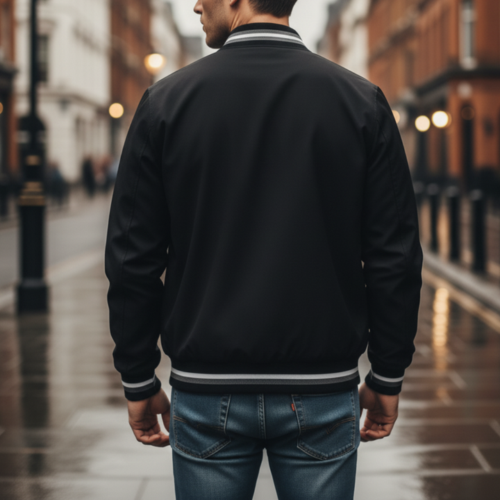 Lightweight black men's jacket with striped sleeves and collar in a back detailed.