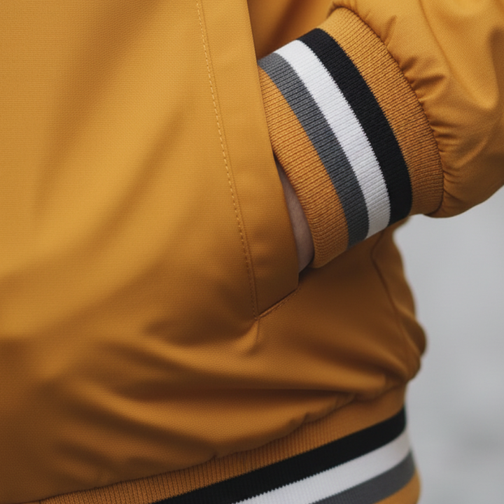 Close-up of a man in a yellow varsity jacket with striped trims, showcasing a sleek silhouette and structured collar.
