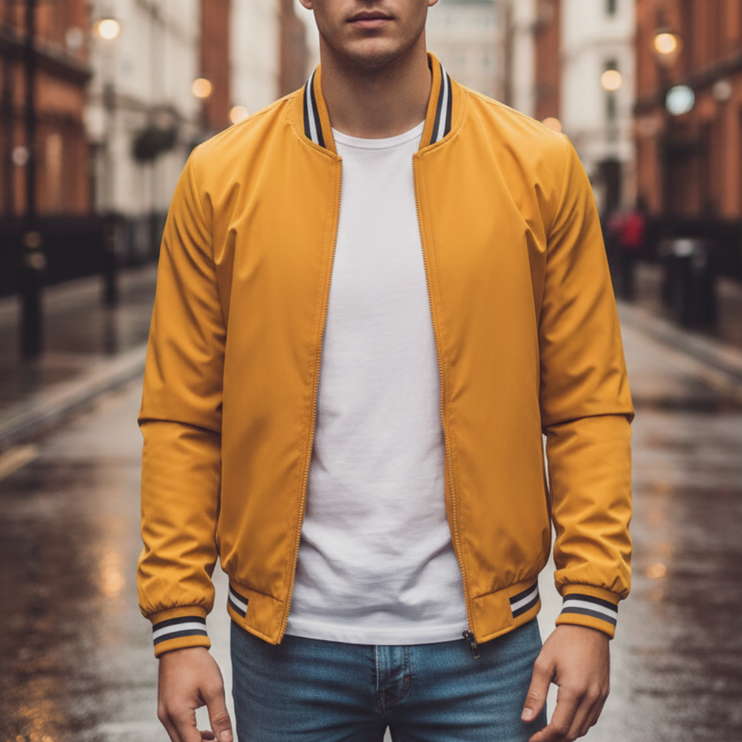 Lightweight yellow men's jacket with striped sleeves and collar, blending classic athletic style with contemporary fashion.