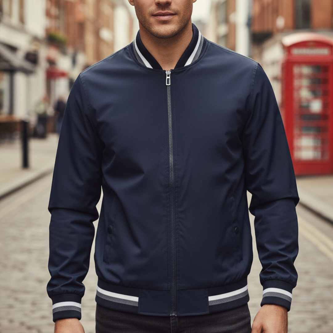 Lightweight navy men's jacket with striped sleeves and collar, blending classic athletic style with contemporary fashion.