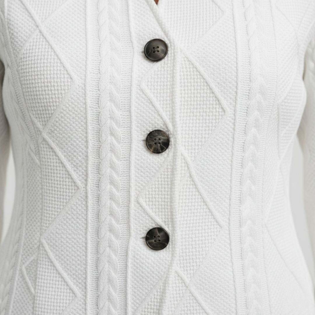 Close-up look of a white blazer with cable-knit patterns & buttons, shows elegance and versatility.
