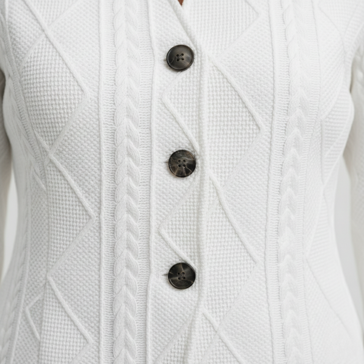 Close-up look of a white blazer with cable-knit patterns & buttons, shows elegance and versatility.