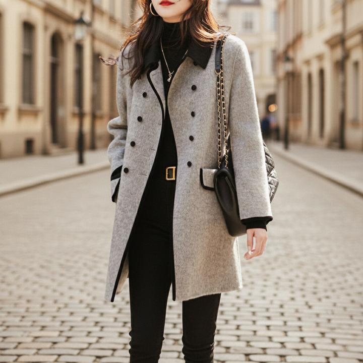 A woman wearing a knee-length double-breasted coat and black pants,  good for fall and winter outings.
