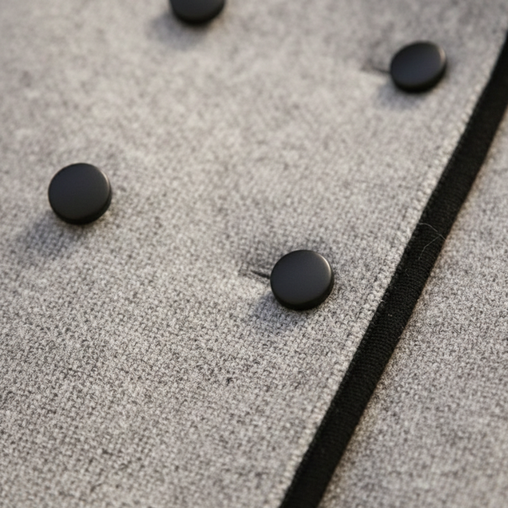 A woman wearing a knee-length double-breasted coat and black pants,  good for fall and winter outings.