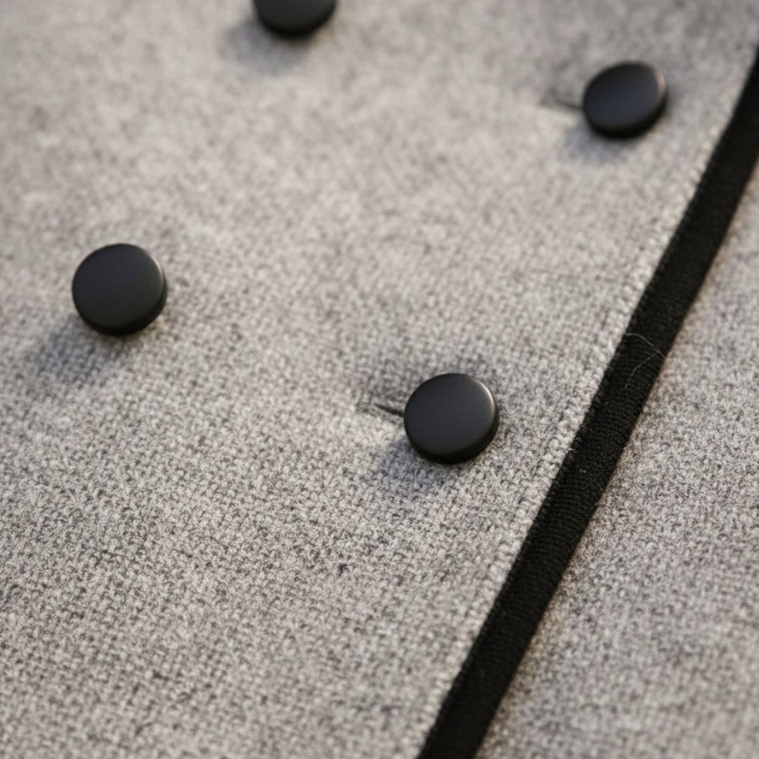 A woman wearing a knee-length double-breasted coat and black pants,  good for fall and winter outings.